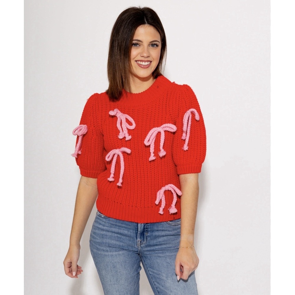 New $120 English Factory Bow Embellished Puff Sleeve Sweater XS